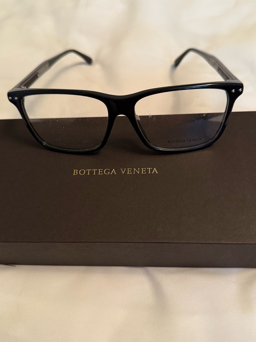 Bottega Veneta Men’s Black Rectangle Acetate Glasses